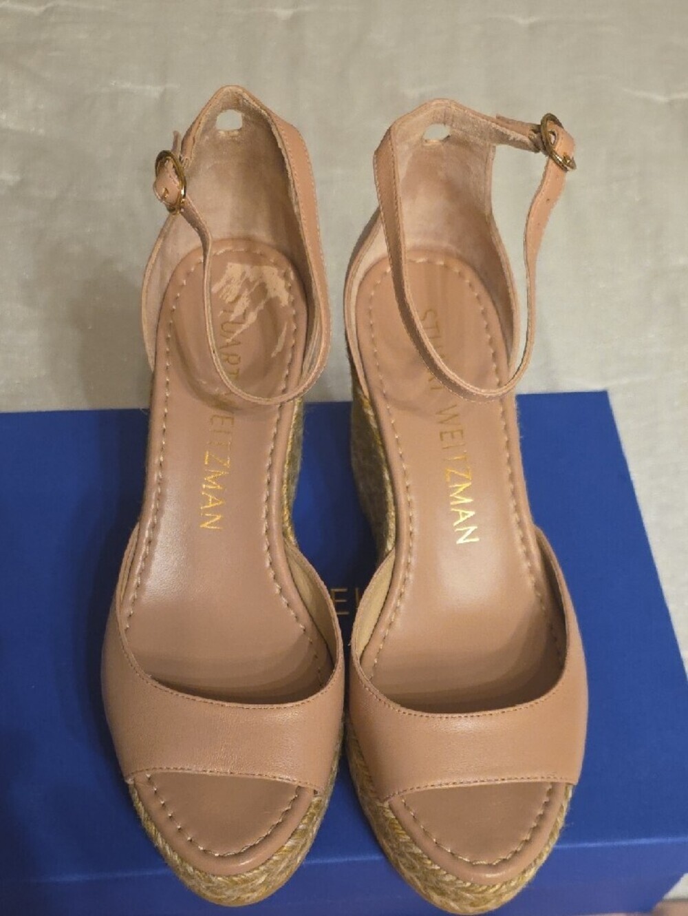 Stuart Weitzman Leather Blush Tan Espadrille Wedge Sandals with Ankle Strap 8.5 - Picture 2 of 16